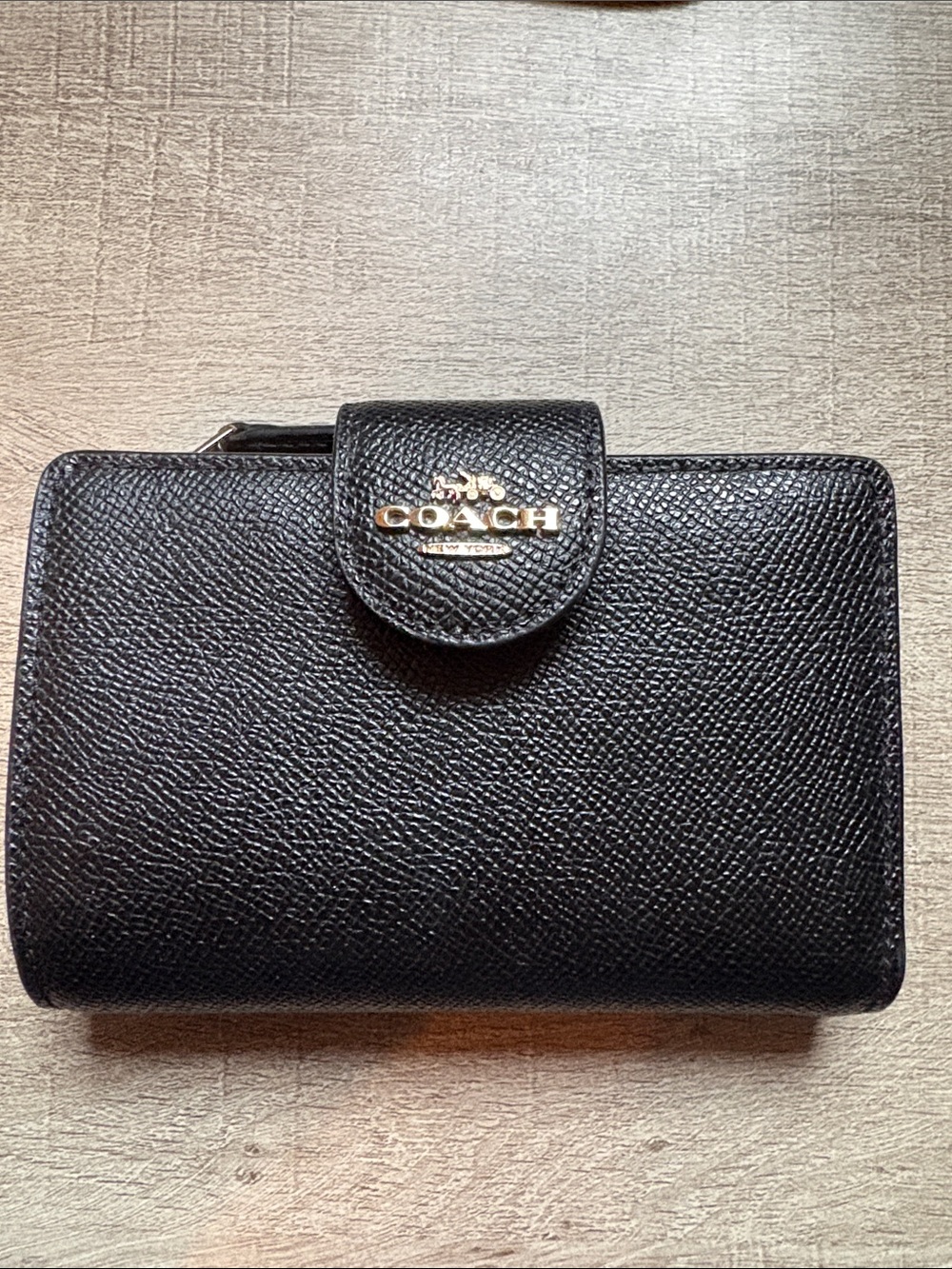 Coach Black Pebbled Leather Snap Wallet with Gold Logo
